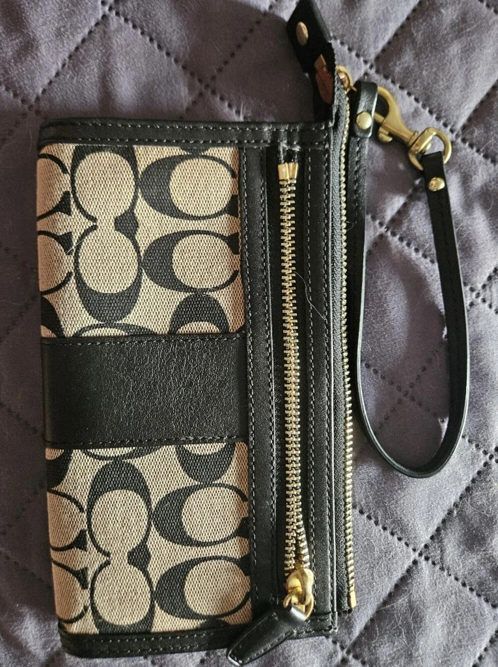 Coach Beige and Black Signature Canvas Wristlet with Gold Hardware